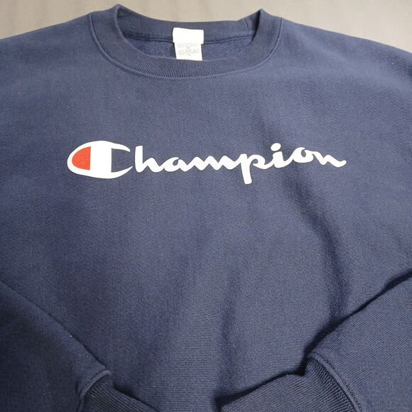 Champion Reverse Weave Sweatshirt Mens XL Navy Blue Crew Neck Spellout Logo XL - Picture 2 of 11